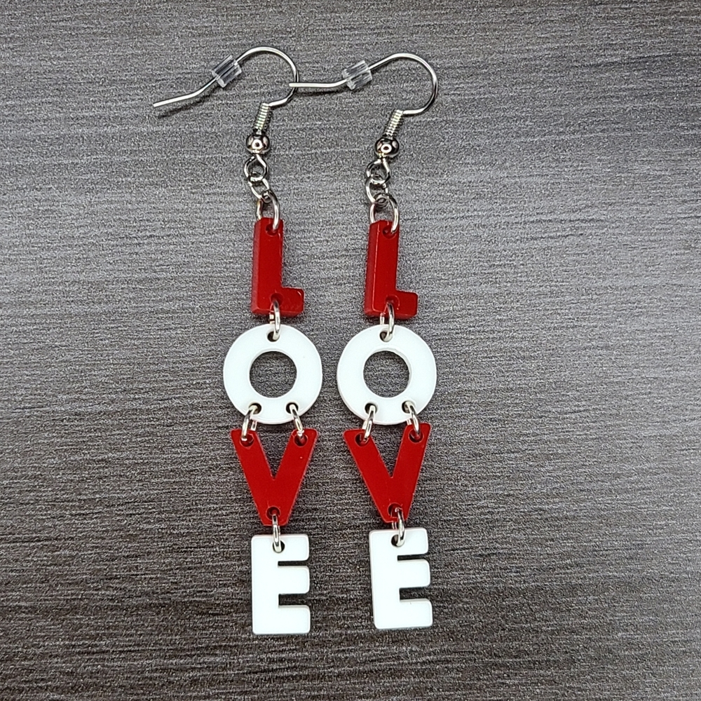 Valentines Day LOVE Earrings Red and White LOVE Dangle Earrings Handmade